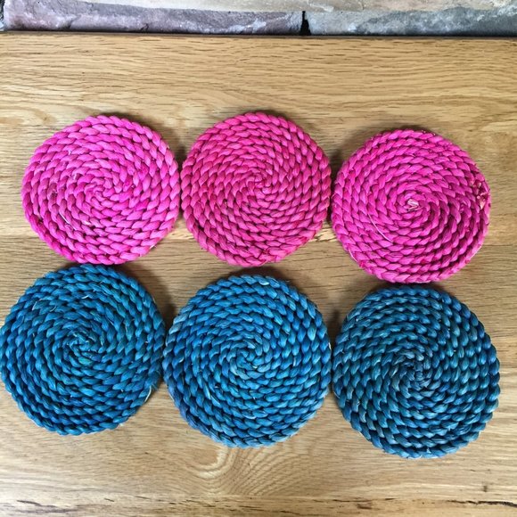 6 Coasters Tiki Bar Seagrass Barware Pink Blue - Picture 2 of 5